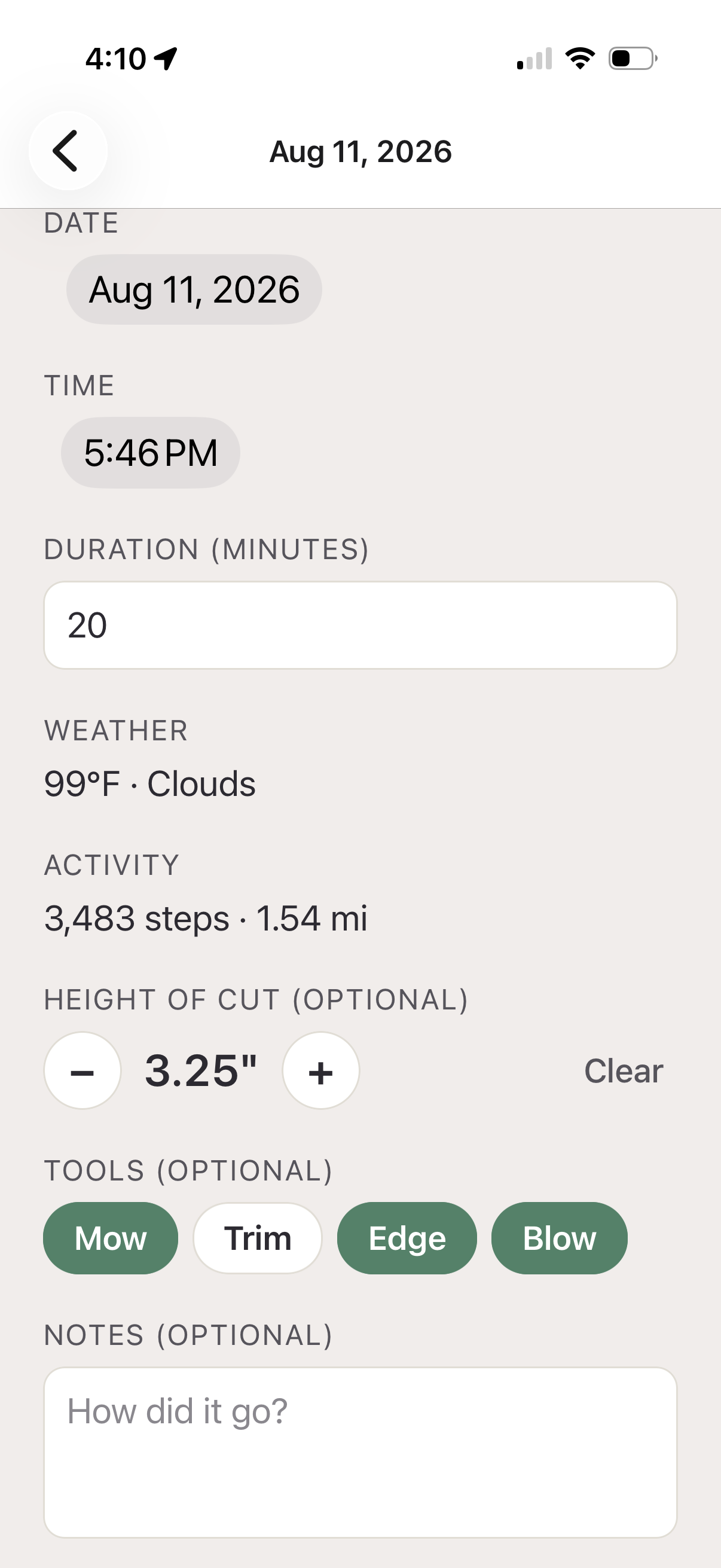 A mow's detail with weather and step count